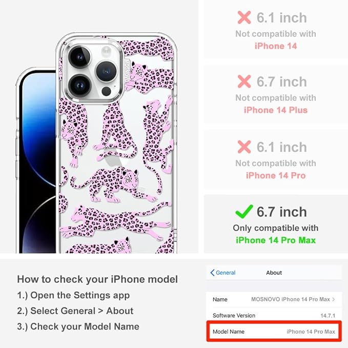 MOSNOVO Case for iPhone 14 Pro Max, [Buffertech 6.6ft Military-Grade Drop Protection] [Anti Peel Off Tech] Clear TPU Bumper Phone Case Cover Design - Pink Leopard
