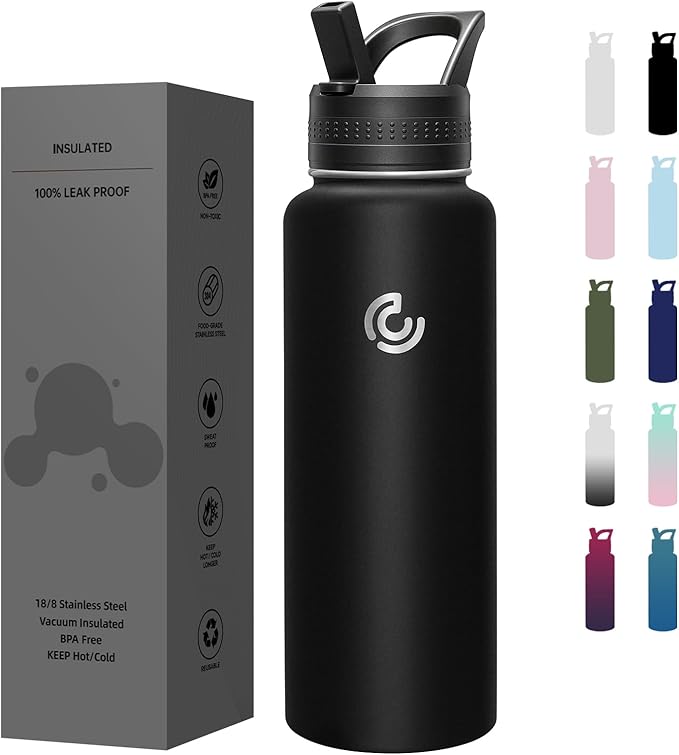 COKTIK 40oz Sports Water Bottle, Stainless Steel Water Bottle for Insulated, Reusable Travel Bottle, With Straw, With Handle Grip for Easy Carrying, Suitable for Cycling, Outdoor Vacations(Black)