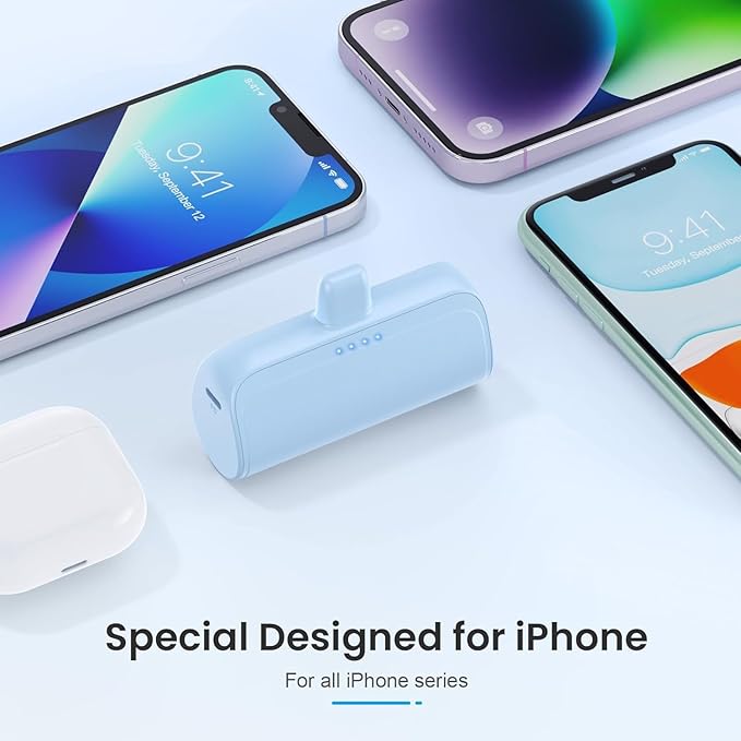 [2 Pack]Mini Portable Charger for iPhone,5200mAh Ultra-Compact Fast Charging Power Bank Cordless Small Battery Pack Compatible with iPhone 14/14 Pro Max/13/13 Pro/12/11/XR/8/7(Light Green+Light Blue)
