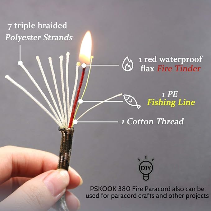 PSKOOK Survival Paracord Parachute Fire Cord Survival Ropes Red Tinder Cord PE Fishing Line Cotton Thread 7 Strands Outdoor 20, 25, 100 Feet