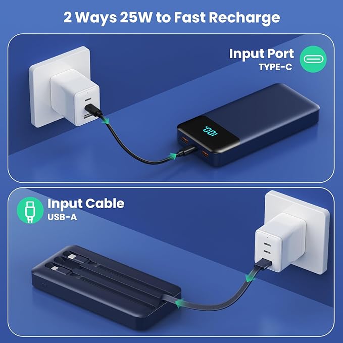 Portable Charger Power Bank 40800mAh with 3 Built-in Cables,25W Fast Phone Charging Portable Battery Pack,5 Outputs Travel Essentials Outdoor External Battery for iPhone 17/16,Galaxy Android etc-Blue