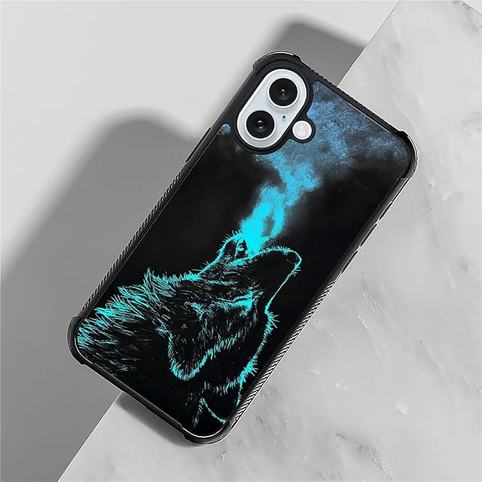 for iPhone 16 Case, Blue Breathing Wolf Pattern Graphic Design Girl Boy Soft Silicone Hard Acrylic Shock Protection for iPhone 16