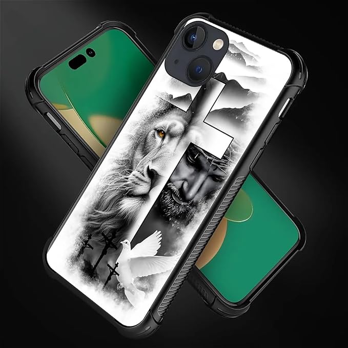 for iPhone 14 Case, Lion Cross Jesus Christ Dove Pattern Graphic Design Girl Boy Soft Silicone Hard Acrylic Shock Protection for iPhone 14