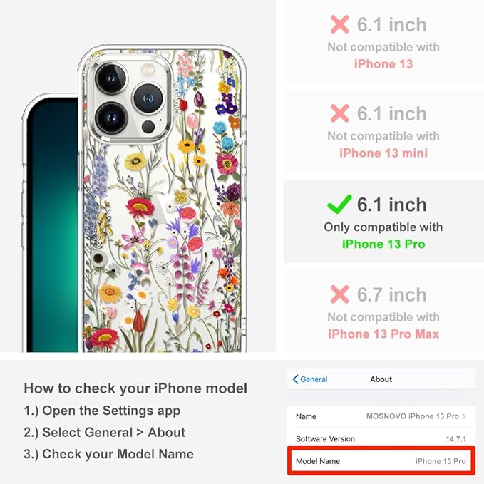 MOSNOVO Case for iPhone 13 Pro, [Buffertech 6.6ft Military-Grade Drop Protection] [Anti Peel Off Tech] Clear TPU Bumper Phone Case Cover Design - Wildflower Meadow