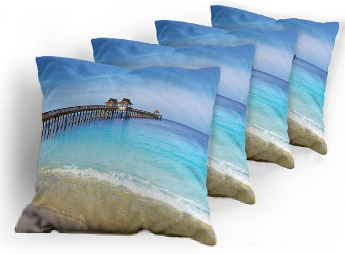Ambesonne Dock Decorative Throw Pillow Case Pack of 4, Naples Pier Paradise Beach at Ocean in Florida USA Sunny Tropical Destination, Cushion Cover for Couch Living Room Car, 20", Azure Blue