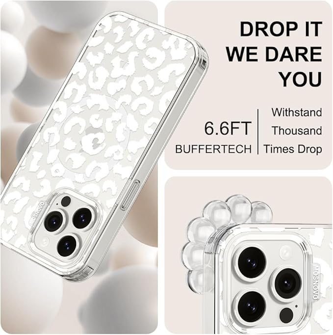MOSNOVO Case for iPhone 15 Pro Max, [Buffertech 6.6ft Military-Grade Drop Protection] [Anti Peel Off Tech] Clear TPU Bumper Phone Case Cover Design - White Leopard Print