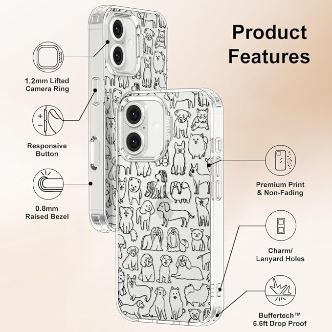 MOSNOVO Case for iPhone 16 Plus, [Buffertech 6.6ft Military-Grade Drop Protection] [Anti Peel Off Tech] Clear TPU Bumper Phone Case Cover Design - Doodle Dog