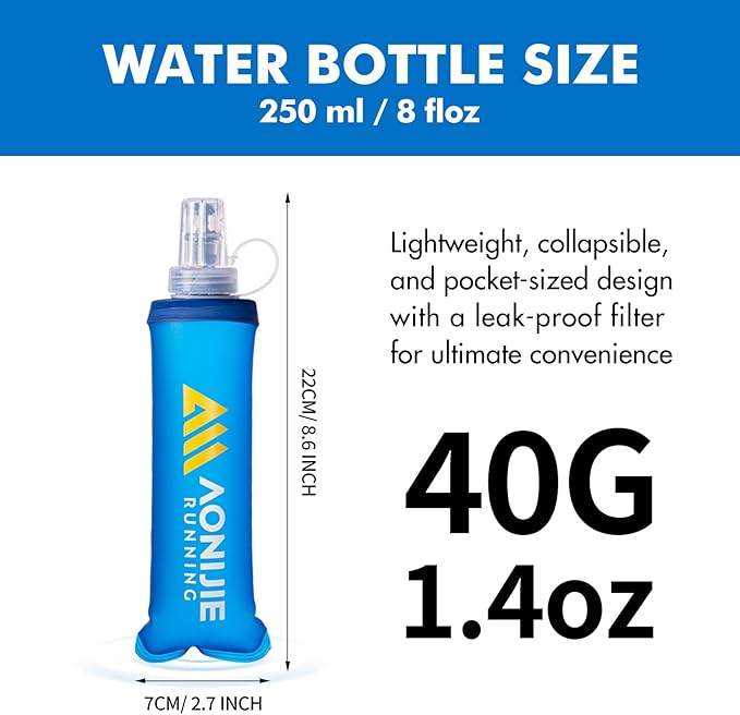 AONIJIE Running Water Bottle 2PCS 250ml/8.5oz Soft Flask TPU Collapsible Water Bottles, BPA-Free Foldable Leak-Proof Bottle for Hydration Pack, Running Vest, Hiking & Cycling