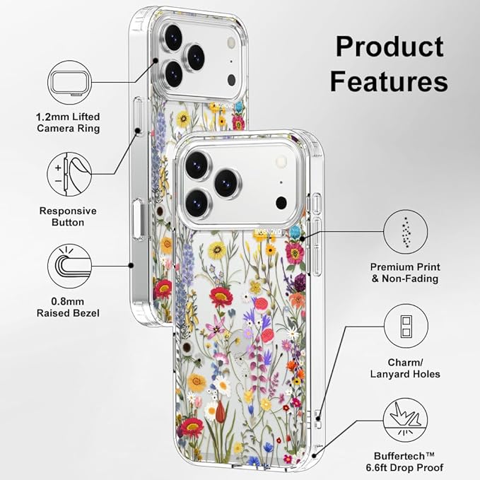 MOSNOVO for iPhone 17 Pro Max Case | Military Grade 6.6ft Drop Tested | Camera Control | Clear with Wildflower Meadow Design