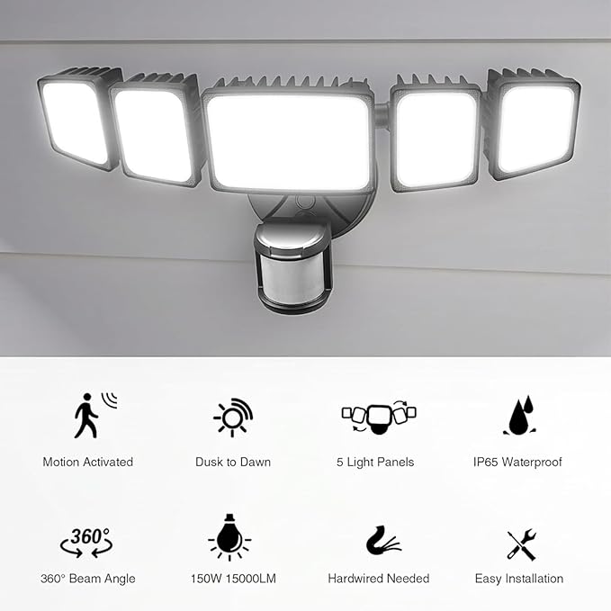 Onforu 150W 15000LM LED Security Lights Motion Sensor Outdoor, Dusk to Dawn Flood Lighting, 5 Heads 360° Wide Angle Illumination, 6500K IP65 Waterproof Hardwired Floodlight Motion Detection (Black)