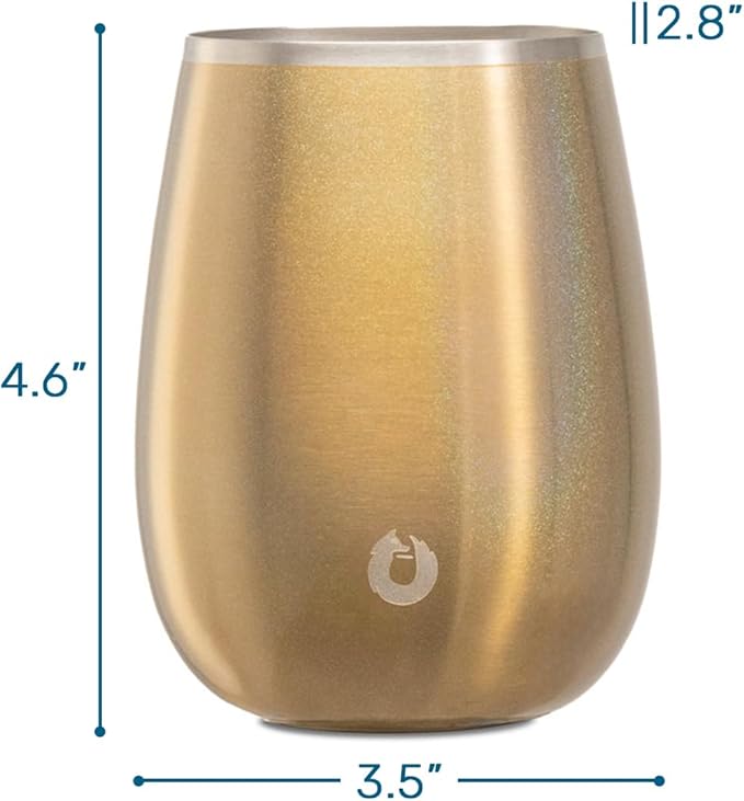 SNOWFOX Premium Vacuum Insulated Stainless Steel Grand Pinot Wine Glass, Chilled Wine Stays Icy Cold, Stemless Cocktail Glasses, Elegant Home Entertaining, Classic Barware, 12oz, Shimmer Gold