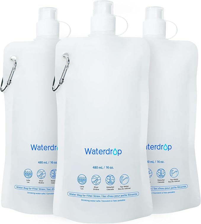 Waterdrop 16 oz Collapsible Water Pouch, Pack of 3, Hiking, Camping, Travel, BPA-Free, Reusable, Foldable
