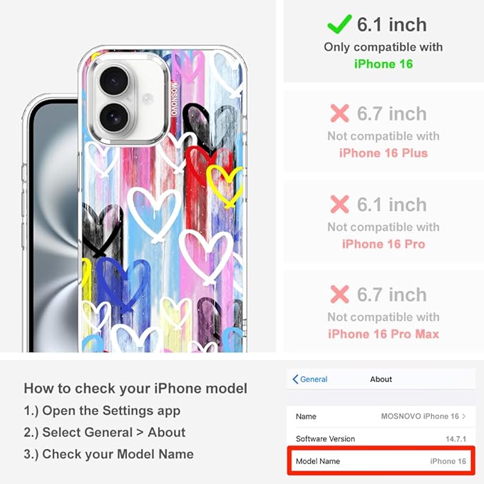 MOSNOVO for iPhone 16 Case, Shockproof Military-Grade Protection 6.6ft Drop Tested, Clear Phone Case for iPhone 16, Graffiti Hearts Design