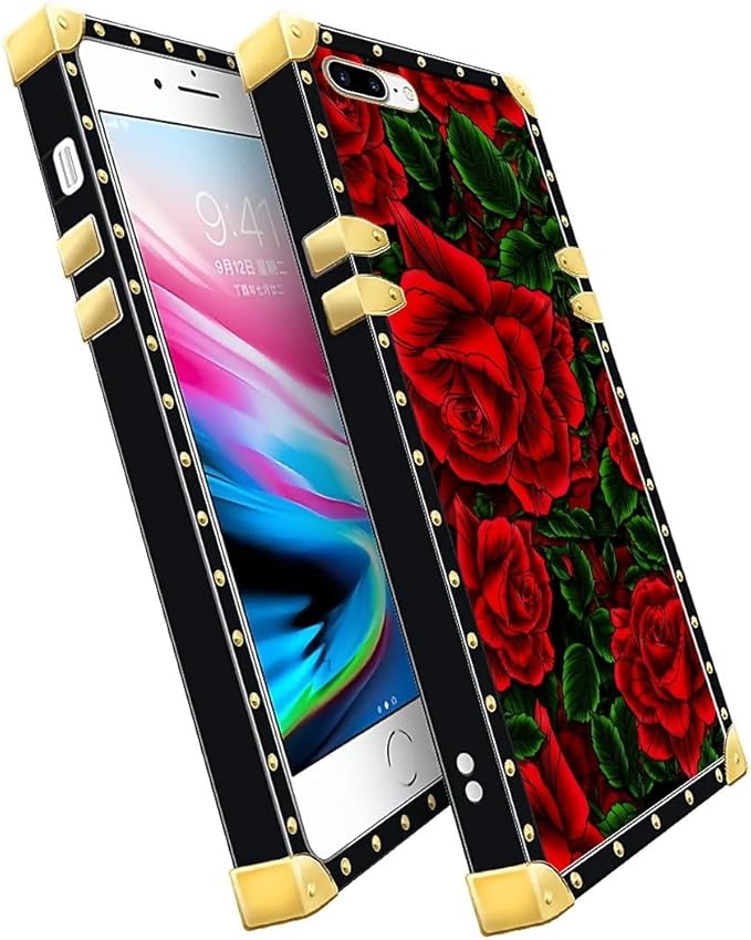 Compatible with iPhone 8 Plus 7 Plus Case, Vector Red Rose Green Leaf Luxury Golden Decoration for Girl Women Soft TPU Shockproof Protective Hard PC Back for iPhone 8 Plus 7 Plus