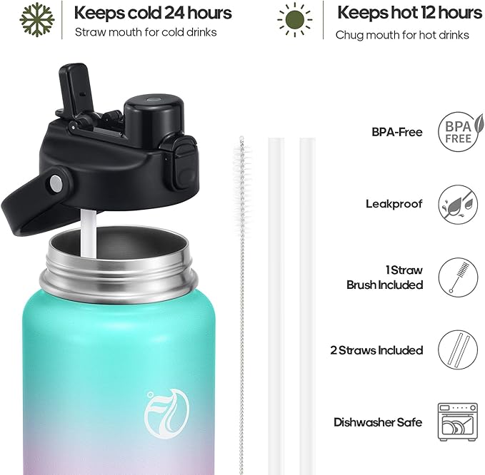 64oz Half Gallon Insulated Water Bottle with 2-in-1 Lid (Chug & Straw), Double Walled Vacuum Stainless Steel Water Bottles, Wide Mouth Leakproof Insulated Jug with Straw