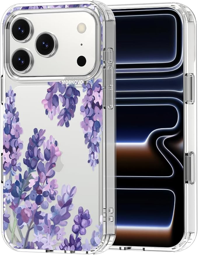 MOSNOVO for iPhone 17 Pro Case | Military Grade 6.6ft Drop Tested | Camera Control | Clear with Lavender Design