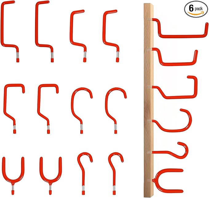 Garage Hooks Heavy Duty, 12-Pack Mixed Utility Garage Hooks, Wall Mounted Steel Tool Hangers for Garage Wall Organizer, Hold Ladders Tools Bikes (Red, 6 Type & 12 Pack)