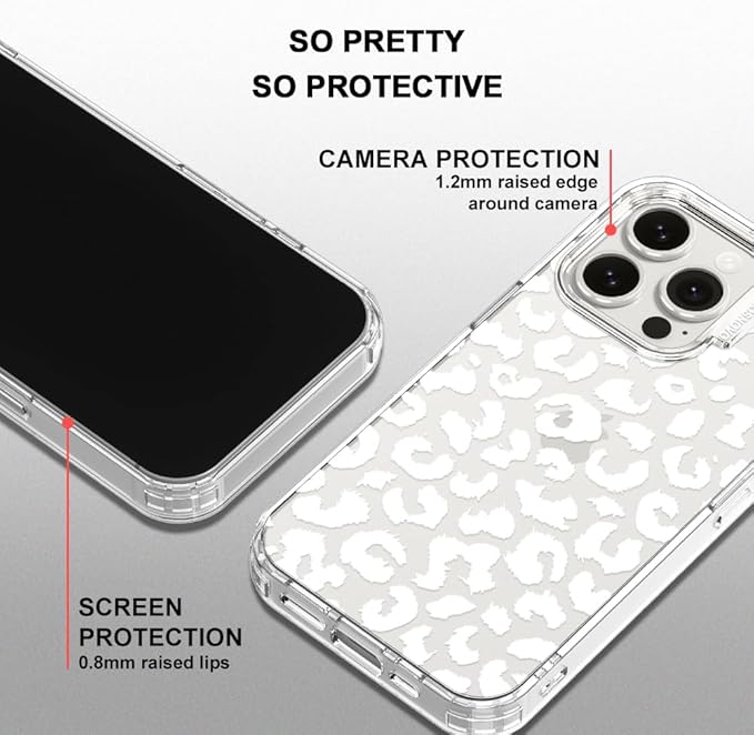 MOSNOVO Case for iPhone 15 Pro, [Buffertech 6.6ft Military-Grade Drop Protection] [Anti Peel Off Tech] Clear TPU Bumper Phone Case Cover Design - White Leopard Print