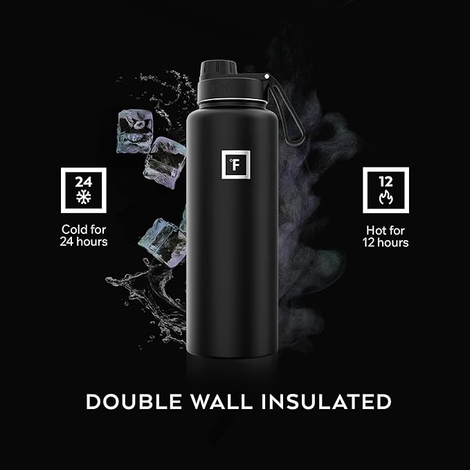IRON °FLASK Camping & Hiking Hydration Flask with Spout, Wide Mouth Insulated Stainless Steel Sports Water Bottle - Dark Rainbow 40 oz - Spout (1 Lid)