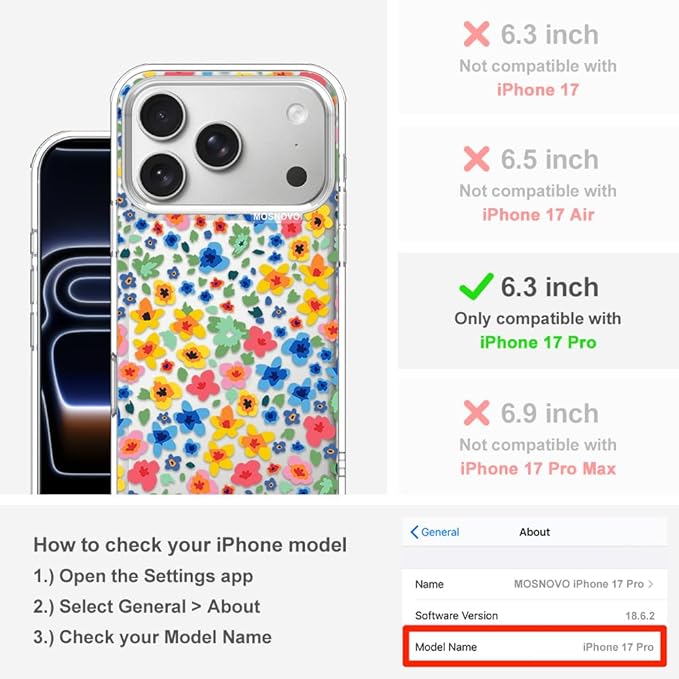 MOSNOVO for iPhone 17 Pro Case | Military Grade 6.6ft Drop Tested | Camera Control | Clear with Little Flowers Design