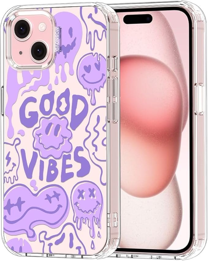MOSNOVO Case for iPhone 15 Plus/iPhone 14 Plus, [Buffertech 6.6ft Military-Grade Drop Protection] [Anti Peel Off Tech] Clear TPU Bumper Phone Case Cover Design - Good Vibes