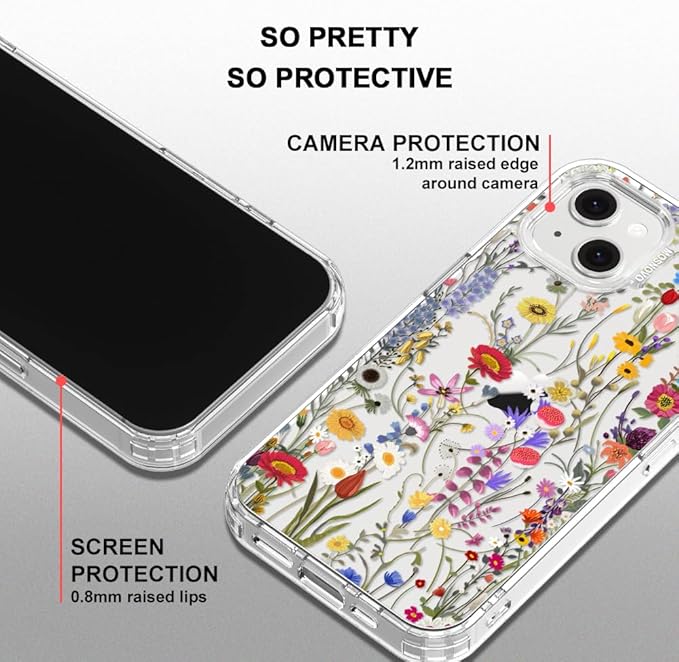 MOSNOVO for iPhone 13/14 Case | Military Grade 6.6ft Drop Tested | Clear with Wildflower Meadow Design