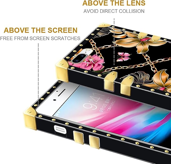 Compatible with iPhone 8 7 SE Case, Pink Golden Chain Tropical Flower Luxury Golden Decoration for Girl Women Soft TPU Shockproof Protective Hard PC Back for iPhone 8 7 SE