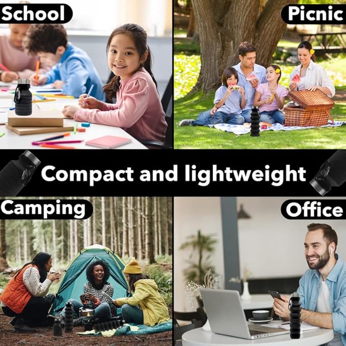 Gadgetime USA Collapsible Water Bottle (Black) - Reusable, BPA Free, Silicone, Foldable Portable & Leak Proof - Water Bottles for Travel Gym Camping Hiking - Sports Water Bottle with Carabiner