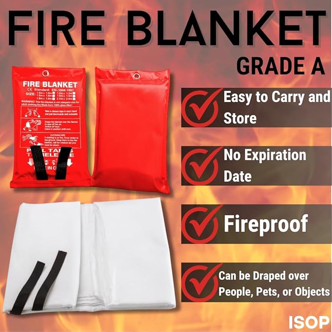 ISOP Fire Blanket Large 70 * 78 Inches – Fibreglass Fire Retardant Blanket – A-Grade Survival – Fire Suppressant Blankets – First Aid – Rescue Tool for Home Kitchen - Emergency Wrap - Thermal Sheet