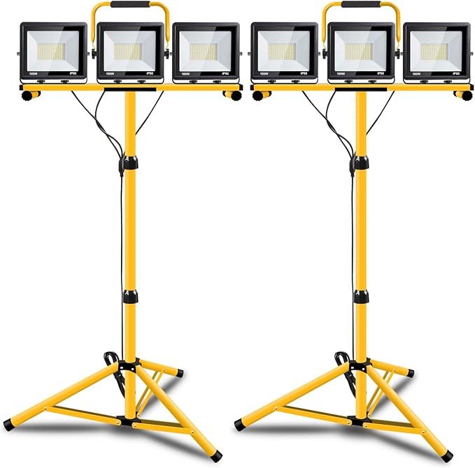22000 Lumen Work Lights with Stand, 3 Adjustable Head LED Work Light, with Adjustable and Foldable Tripod Stand, Waterproof Lamp with Individual Switch with 6500 Kelvin Color Temperature 2Pack