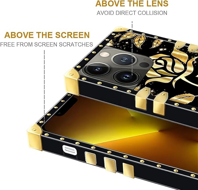 Compatible with iPhone 13 Pro Max Case, Shine Gold Rose Luxury Golden Decoration for Girl Women Soft TPU Shockproof Protective Hard PC Back for iPhone 13 Pro Max