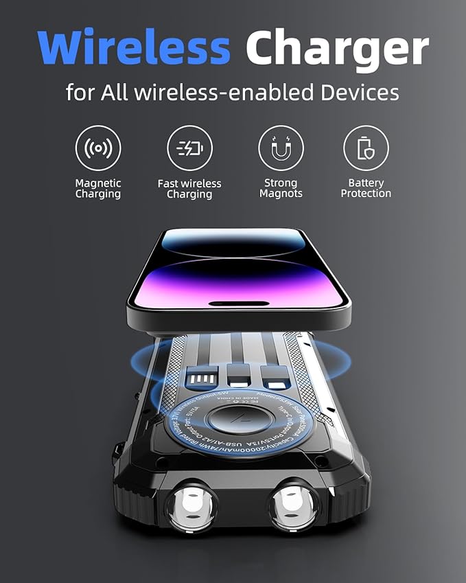 ERRBBIC Solar Power Bank 20000mAh, Portable Wireless Charger, 15W Fast Charging External Battery Pack with Dual Flashlight and USB C Outputs.