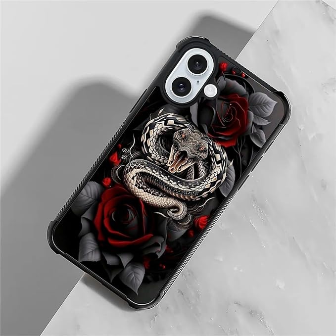 for iPhone 16 Case, Entwined Rose Snake Pattern Graphic Design Girl Boy Soft Silicone Hard Acrylic Shock Protection for iPhone 16