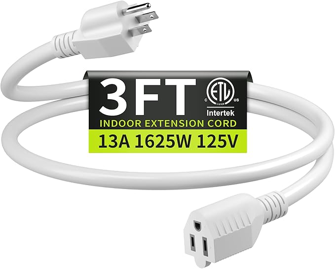 16/3 White Extension Cord 3 FT, Indoor Extension Cord for Laptops, Coffee Makers, Office Home Appliances, 3 Prong Resistant Cable Flexible, 13A 125V 1625W ETL Listed