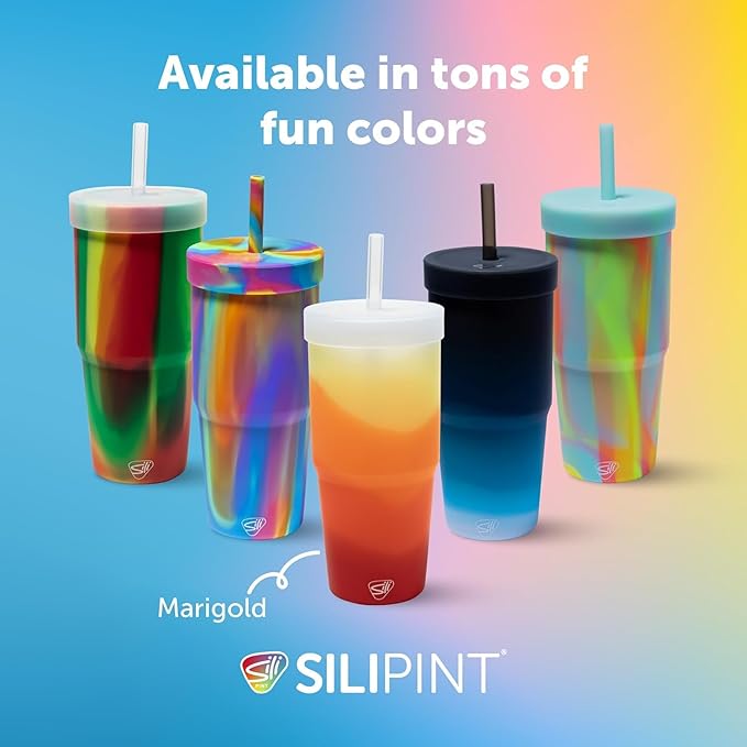 Silipint 32oz Silicone Straw Tumbler – BPA-Free, Non-Toxic, Unbreakable, Microwave, Dishwasher Safe – Perfect for Tea, Cold Water, Smoothies, Marigold - Pack of 2