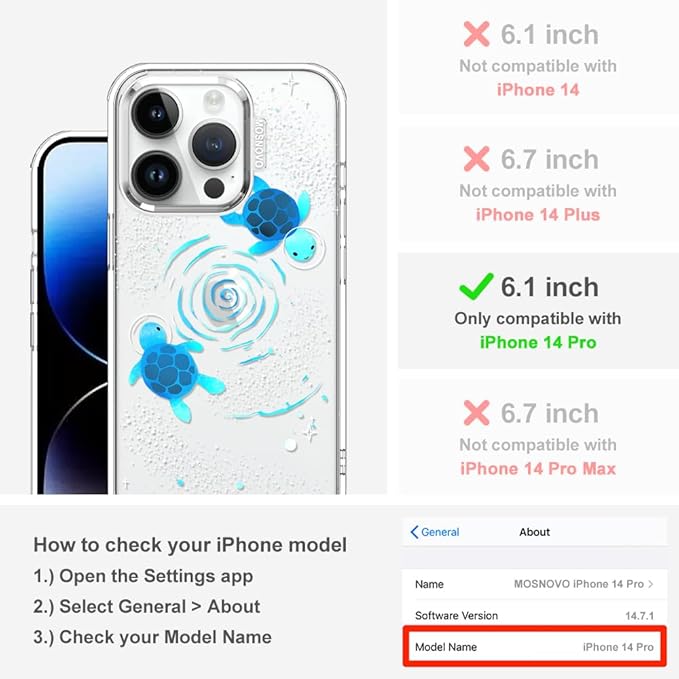 MOSNOVO Case for iPhone 14 Pro, [Buffertech 6.6ft Military-Grade Drop Protection] [Anti Peel Off Tech] Clear TPU Bumper Phone Case Cover Design - Space Turtle