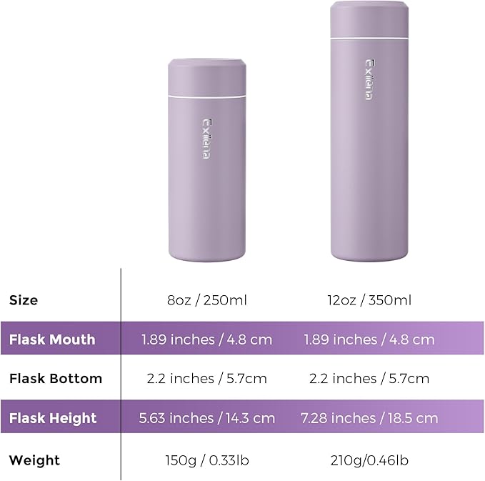 【Upgraded】Exllena Small Insulated Water Bottle 12 oz/350ml– Mini Insulated Water Bottle for Hot & Cold Drinks, Perfect Small Water Bottle for Travel, Purse...(Light Purple)