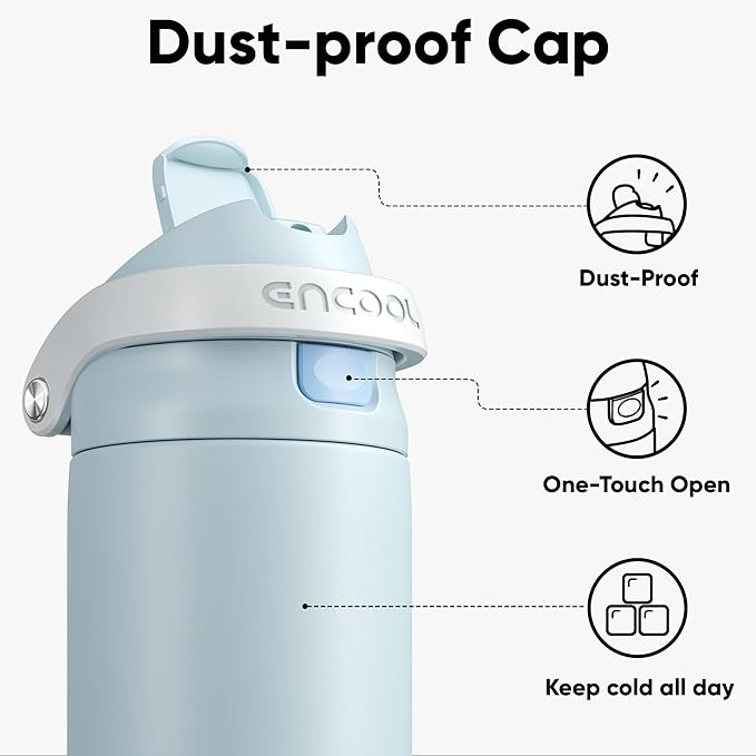 ENCOOL Leakproof Insulated Water Bottle with Straw Dual-Sip Water Bottle Bag-Safe Design for Work, Commute & Gym – Keeps Drinks Cold All Day, 18 oz, Frost Blue