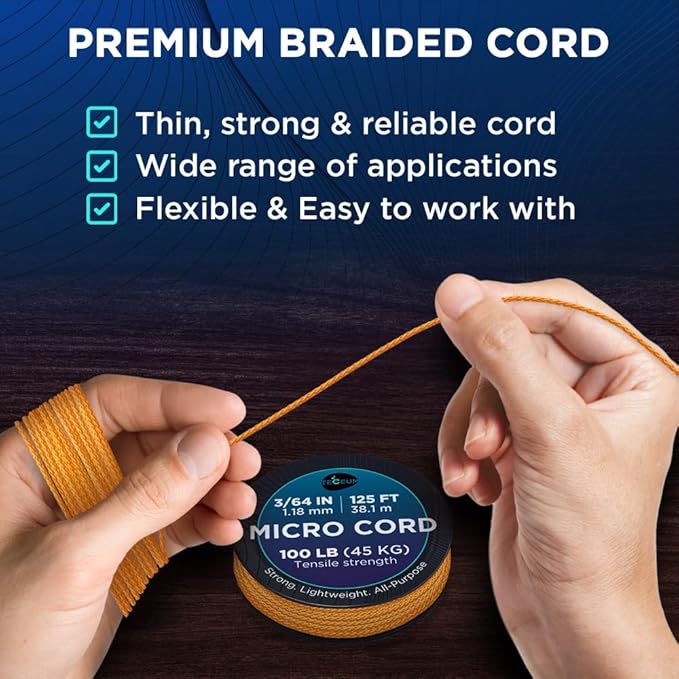 TECEUM Micro Paracord – 1.18 mm X 125 ft – Micro Utility Cord – Thin Braided Paracord Rope – Best for Crafting, DIY Projects, Fishing, Camping – Wind Chime Replacement – Survival Strong String
