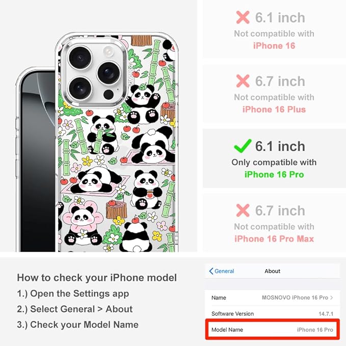 MOSNOVO for iPhone 16 Pro Case, Shockproof Military-Grade Protection 6.6ft Drop Tested, Clear Phone Case for iPhone 16 Pro, Kawaii Panda Garden Design