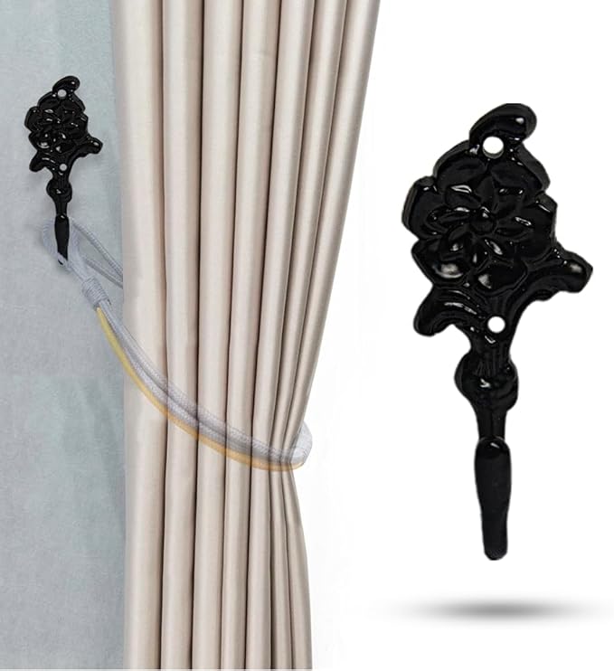 FAPBADRI Multipurpose Hooks, Used to Hang Clothes, Bags, Coats, Curtain Hold Backs, Keys, Colour - Matt Black, Material - Brass, Flower Design, Screws and Wallplugs Included, Pack of 4 Pieces