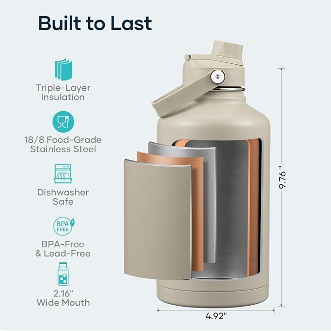 BUZIO 64oz Insulated Water Bottle, Half gallon Stainless Steel Jug (Cold for 48 Hrs), Triple Wall Vacuum Large Metal Flask with Leakproof Straw Lid and Carry Sleeve, Greige
