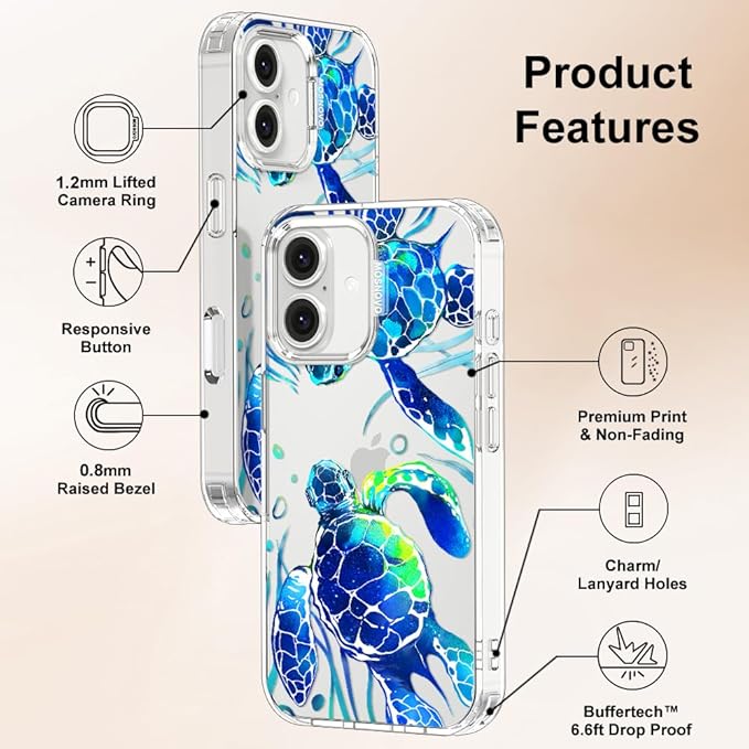 MOSNOVO Case for iPhone 16 Plus, [Buffertech 6.6ft Military-Grade Drop Protection] [Anti Peel Off Tech] Clear TPU Bumper Phone Case Cover Design - Sea Turtles