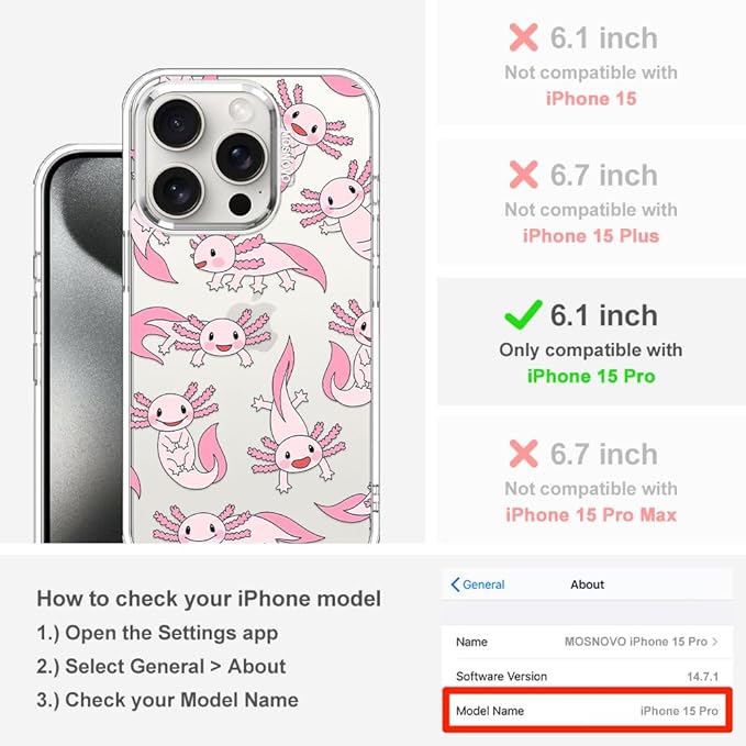MOSNOVO Case for iPhone 15 Pro, [Buffertech 6.6ft Military-Grade Drop Protection] [Anti Peel Off Tech] Clear TPU Bumper Phone Case Cover Design - Pink Axolotl