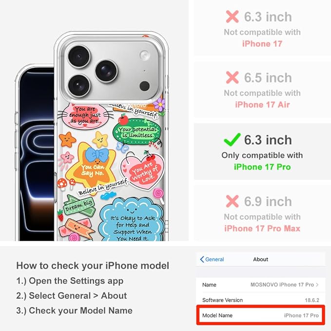 MOSNOVO for iPhone 17 Pro Case, Shockproof Military-Grade Protection 6.6ft Drop Tested, Camera Control, Clear Phone Case for iPhone 17 Pro, Self Love Club Design
