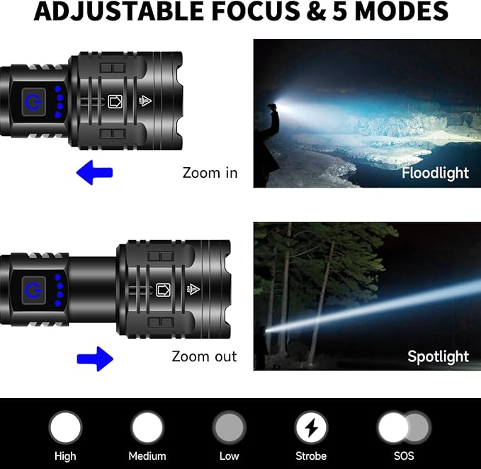 Rechargeable Flashlights High Lumens, Powerful Tactical Flashlights, 5 Modes LED Flashlight Adjustable, Brightest Flashlight Waterproof, Handheld Flash Light for Emergencies, Home, Camping, Hiking