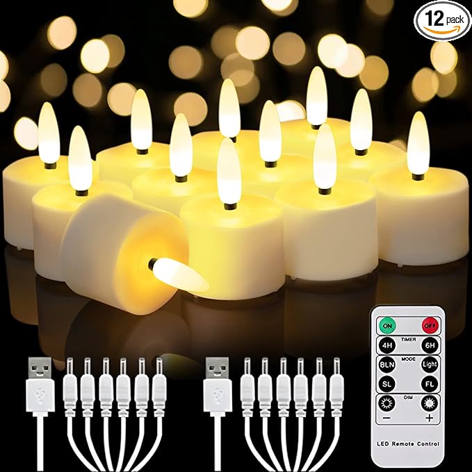 Homemory Flameless Rechargeable Tea Lights with Remote Timer - LED Tea Lights Battery Operated, Realistic Flickering for Home Holiday Decor, Wedding Table Centerpieces, 12-Pack (Φ 1-1/2''×H 2-1/3'')