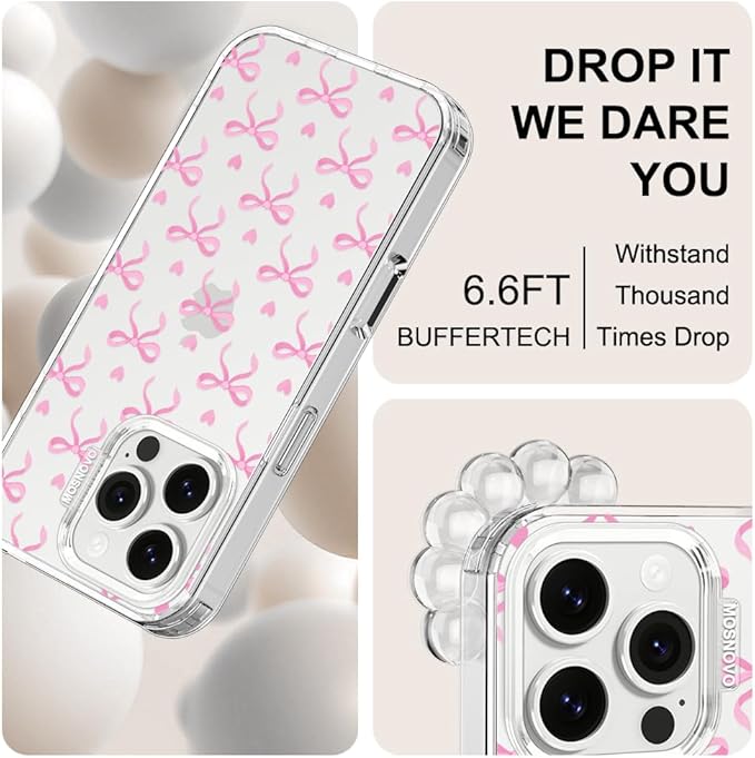 MOSNOVO Case for iPhone 16 Pro, [Buffertech 6.6ft Military-Grade Drop Protection] [Anti Peel Off Tech] Clear TPU Bumper Phone Case Cover Design - Bowtiful Love