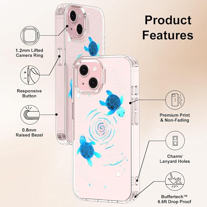 MOSNOVO Case for iPhone 15, [Buffertech 6.6ft Military-Grade Drop Protection] [Anti Peel Off Tech] Clear TPU Bumper Phone Case Cover Design - Space Turtle
