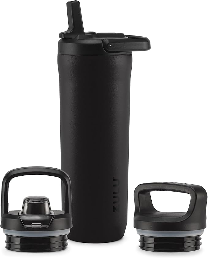 ZULU Base 18oz Kids Stainless Steel Water Bottle with 3 Lids- Straw, Chug, Twist | Double Walled and Vacuum Insulated Metal Thermos | Fits Car Cupholder, Built in Carry Loop, Dishwasher Safe, Black